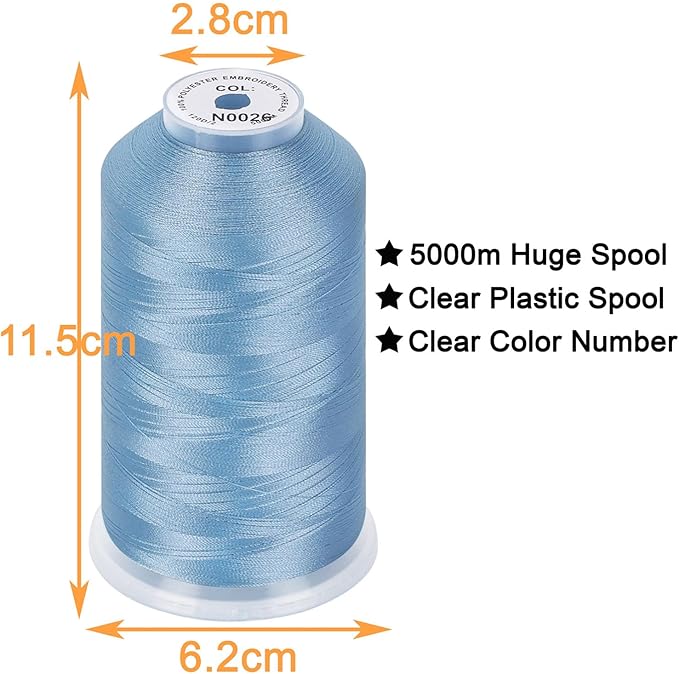 New brothread - Single Huge Spool 5000M Each Polyester Embroidery Machine Thread 40WT for Commercial and Domestic Machines - Pastel Blue