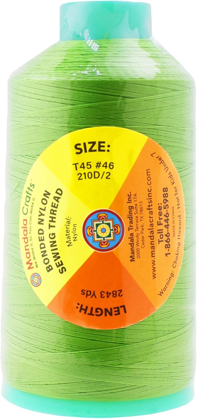 Mandala Crafts Bonded Nylon Thread Apple Green Heavy Duty Sewing Threads - 2843 YDs Size 46 210D T45 Tex 45 Thread for Leather Jeans Weaving Outdoor Marine Upholstery Threads