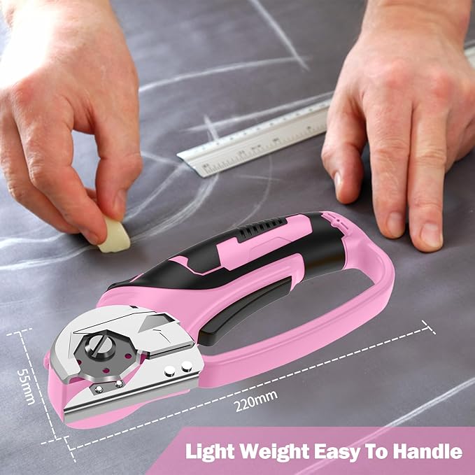 Cordless Electric Scissors, 4V Box Cutter & Cardboard Cutter with Upgrade Blade, LED Light, Safety Lock - Rechargeable Rotary Cutter for Fabric, Leather, Plastic, Crafting, Sewing, Industrial (Pink)
