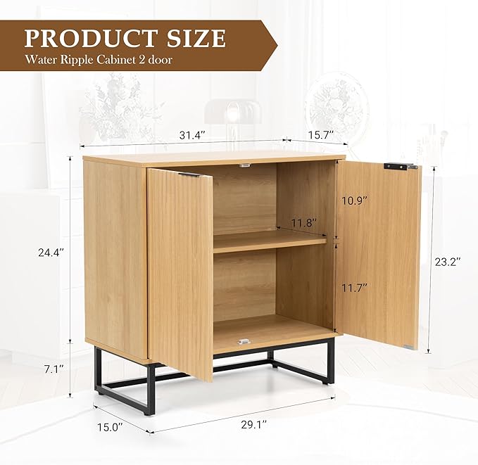 Fluted Storage Cabinet Set of 2, Sideboard Buffet Cabinet with Adjustable Shelves, Multifunctional Console Table with Storage Credenza for Living Room, Dining Room, Natural Oak