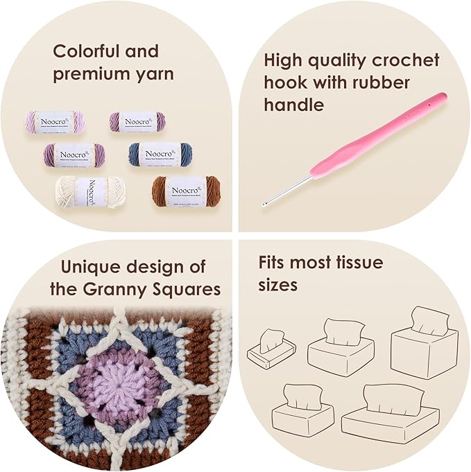 Noocro Crochet Kit Granny Square Tissue Holder, Complete DIY Kit with Detailed Instructions, Video Tutorials, for Beginners or Intermediate and Advanced Crocheters