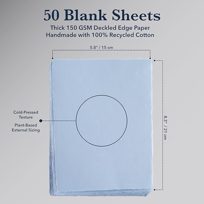 Wanderings A5 Handmade Deckled Edge Cotton Paper - Cold Pressed Texture - Paint, Watercolor, Writing, Printer - Cards, Invitations, Menus, Arts and Crafts. 50 Pack Blue150gsm - 5.8" x 8.3"