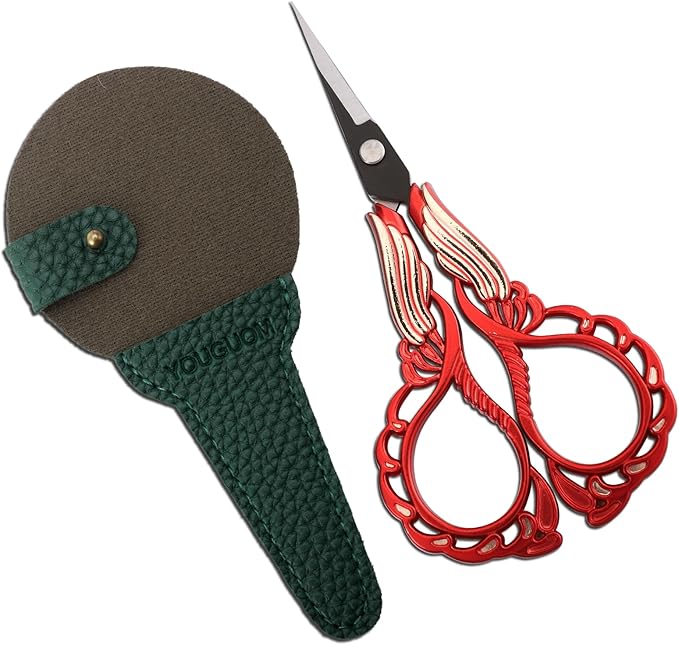 Little Sewing Scissors with Cover Sharp Detail Scissor for Craft Embroidery Needlework Threading Snips, Small Cross Stitch Shears Golden Red