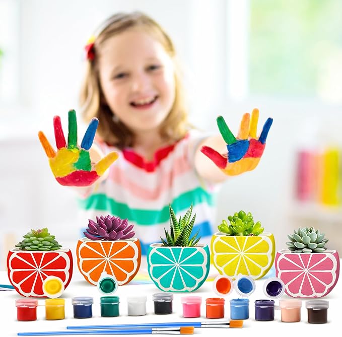 Pasimy 6 Set DIY Ceramic Succulent Planter Pots Paint Your Own Flower Pots Craft Kit Unpainted Bisque Paintable Flowerpot with Brush Palette Ready to Paint for Family Activity Gift(Orange)