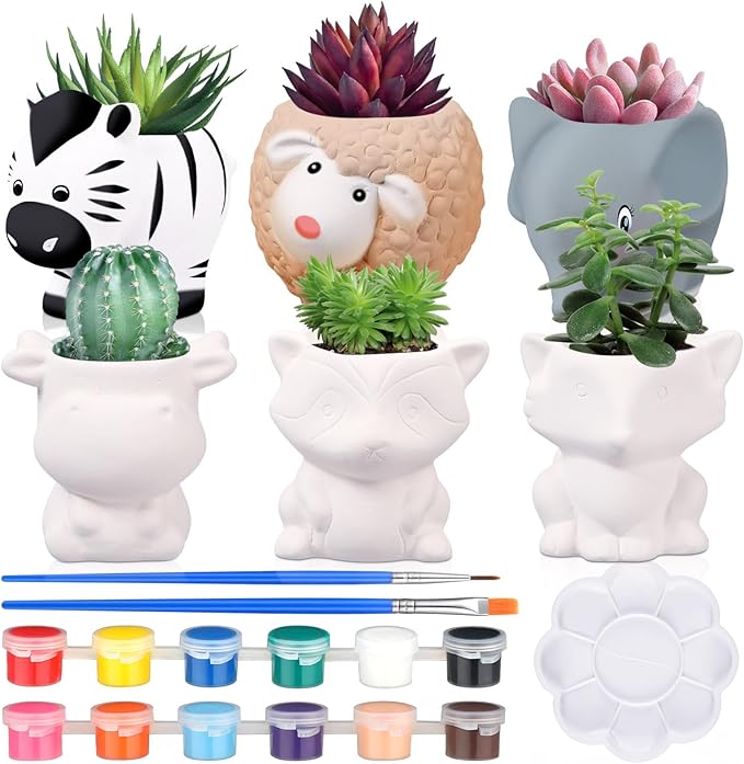 6 Sets Paint Your Own Animal Shaped Succulent Planter Spring Mini Unpainted Flower Pots Cartoon DIY Paintable Kit for Kids Classroom Craft Project Activity Birthday Gift