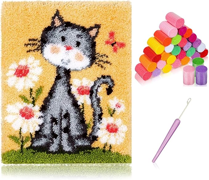 kingsea Latch Hook Kit for Adults, DIY Crochet Yarn Rug with Pattern Printed Latch Hook Rug Kit for Teen, Latch Hook Kit for Beginners - Cat and Flower, 20in x 15in