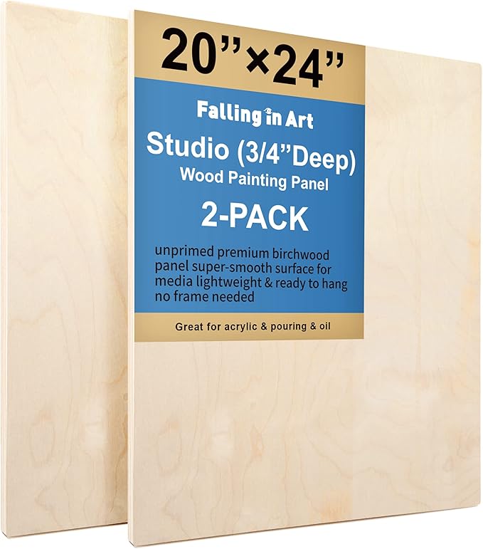 Falling in Art Unfinished Birch Wood Panels Kit for Painting, Wooden Canvas 2 Pack of 20”x24” Studio 3/4” Deep, Cradle Boards for Pouring, Art, Crafts, Burning and More