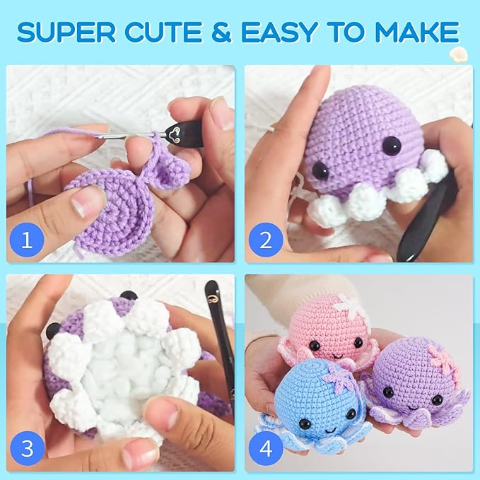 Crochet Kit for Beginners: Make 3 Cute Amigurumi Animals with Easy-to-Follow Video Tutorial, Complete Beginner Crochet Kits for Kids Adults, Creative Christmas Birthday Gift Idea for Women & Girls