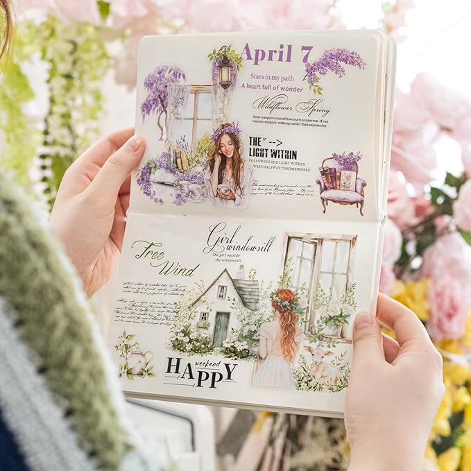 TIAMECH Girl Outside Windowsill PET Stickers - 80 Pcs White Spring Pink Rose & Beauty Violet Girl Design, Waterproof Sticker for Journaling & Scrapbooking, Junk Journal Supplies, Ephemera & DIY Crafts