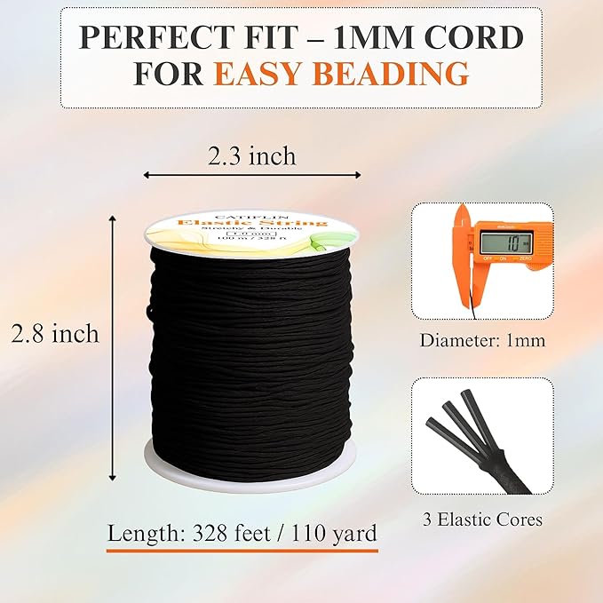 CATIFLIN Elastic String for Bracelets 2 Rolls 1mm 656FT, Stretchy Cord for Beading, Jewelry Making, Pony Beads, Charms, DIY Crafts, Black and White Nylon Thread, Strong Bracelet Supplies