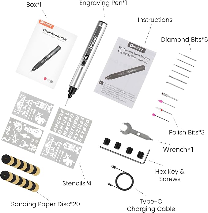 HARDELL Engraving Pen, 6 Speed, Rechargeable Engraver Pen for Artists & DIYers, Electric Engraving Tool with 41 Accessories, Engrave 60+ Surfaces, Engraving Pen for Metal, Wood, Glass and Plastic