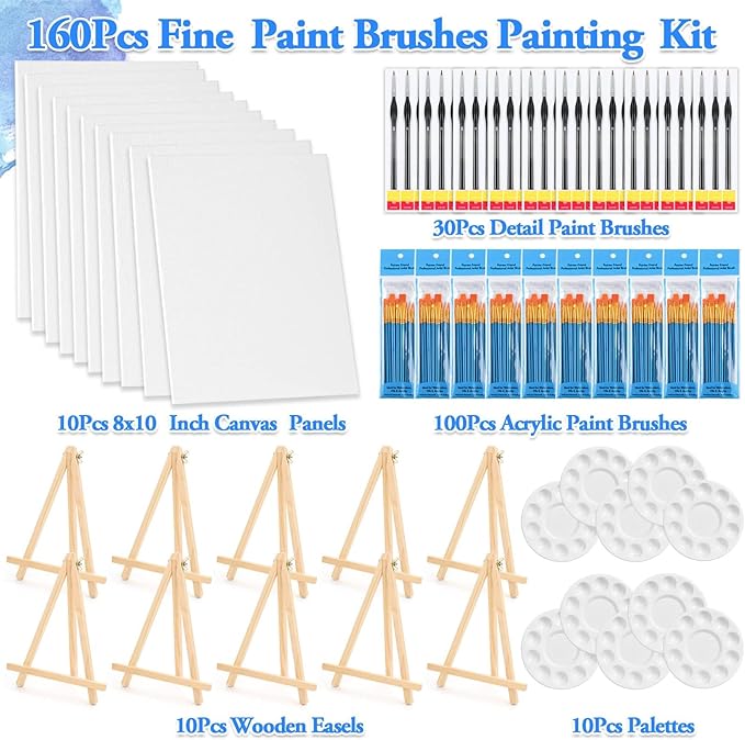 160 Pack Canvas with Easel Miniature Painting Kit with Wooden Easel and Blank Canvas Boards, Detail Paint Brushes Set for Kids Adults Couples Paint Party Supplies Paint and Sip Date Night Kits