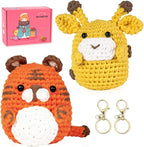 yhwsymgmho Crochet Kit for Beginners:2pcs Animals amigurumi Crochet Starter Kits with Step-by-Step Video Tutorials,Easy Knitting Set for Adults Kids,DIY Crocheting Doll Gift(Tiger & Giraffe)