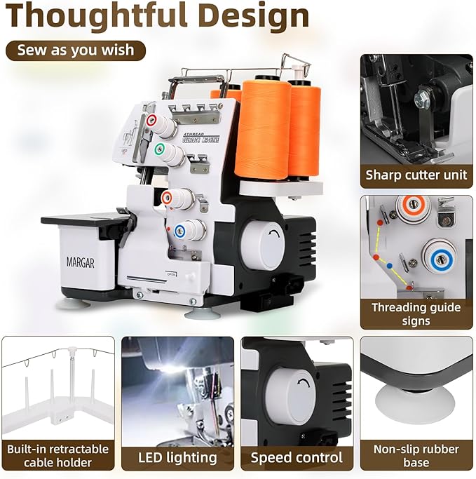 Pro Serger Sewing Machine, Heavy-Duty Industrial Metal Frame Overlock Machine with 3-4 Stitch Capability, Overlocker Sewing Machine with LED Light，12 Stitch Patterns, 1,250 Stitches Per Minute, White