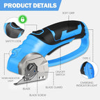 Cordless Electric Scissors, 4V Box Cutter & Cardboard Cutter with 2 Titanium Blades - Rotary Cutter with LED Light for Fabric, Leather, Carpet, Plastic, Crafting + Storage Case (Blue)