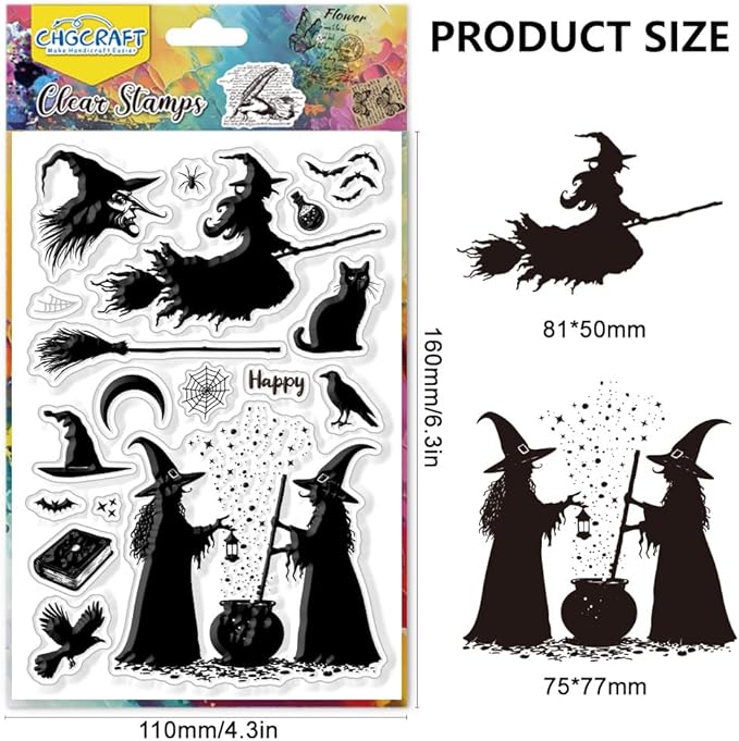 CHGCRAFT Halloween Witch Silhouette Clear Stamps Black Cat Transparent Stamps Magic Hat Silicone Clear Stamp Seals for DIY Scrapbooking Photo Album Decoration, 4.3x6.3 inch