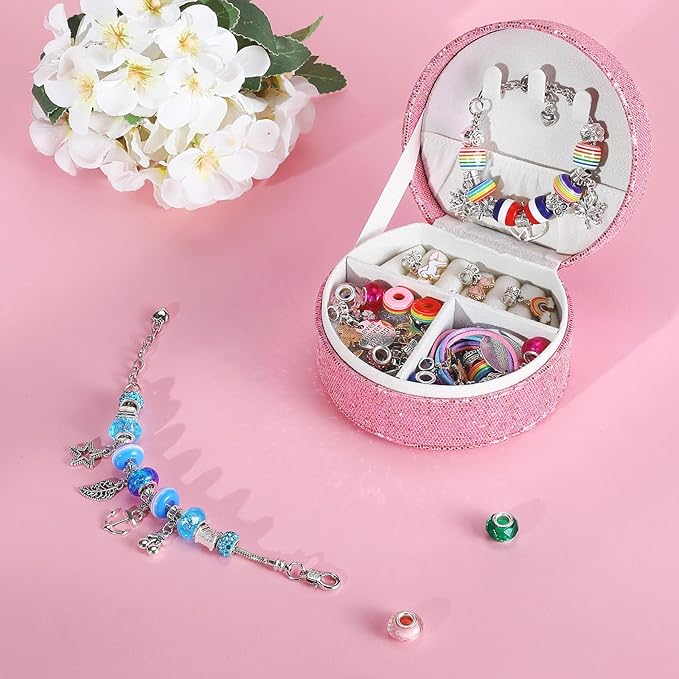 Emibele Bracelet Making Kit for Girls 8-12, Jewelry Making Kit with Portable Jewelry Box, Charm Bead DIY Bracelets Crafts Kit for Kids Age 5 6 7, Girls Gifts Choice on Birthday Valentines Christmas