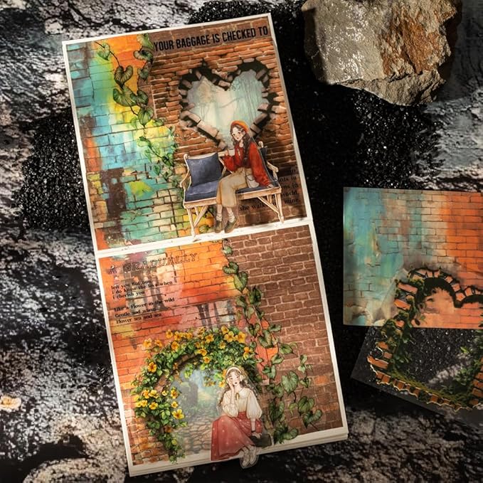 6 Small Scrapbook Sticker Books for Scrapbooking, 180 Sheets Retro Brick Wall Collage Materials- Paper PET Washi Stickers for Journaling, Junk Journal Supplies, Collage, Crafts