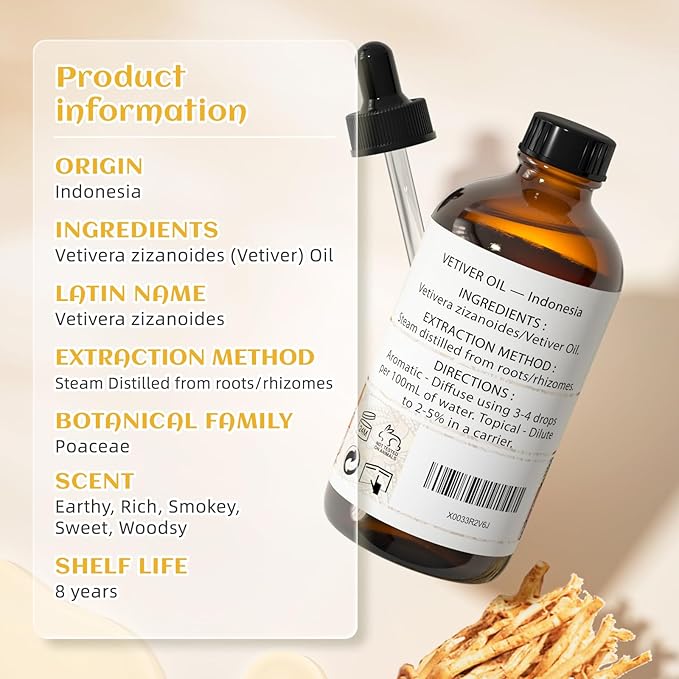 EVOKE OCCU Pure & Natural Vetiver Essential Oil for Skin, DIY, Candle and Soap Making - 4 Fl Oz