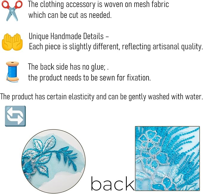 Beaded Pearl Flower Fabric Lace Applique, Floral Embroidered Patches Handmade Sewing Tool for DIY Neckline Bodice Wedding Bridal Prom Dress(Sky Blue-Small)