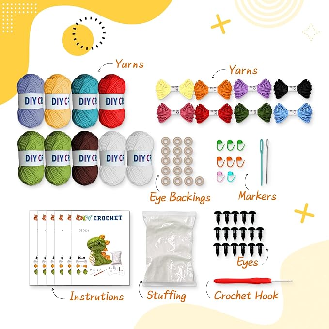 YOKISS 8Pcs Beginner Crochet Starter Kit, Creative Christmas Gifts & Birthday Gifts for Adults & Kids, Popular DIY Patterns, 40% Extra Yarn Crochet Animals Kits with Step-by-Step Video Tutorials