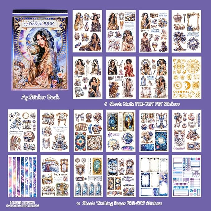 Dwpetzo Astrologer Journaling Sticker Book for Adults, 20 Sheets A5 Precut Transparent PET Washi Paper Materials Stickers for Scrapbooking, Junk Journal Supplies, Planners, Bujo, Collage