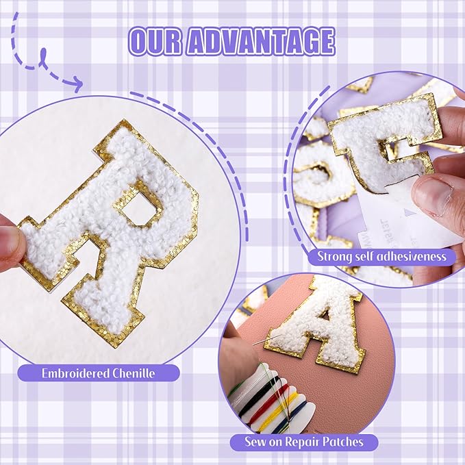 52 Pcs White Chenille Letter Patches Self Adhesive for Clothing,A-Z Varsity Letter Stickers Embroidered Sew on Repair Patches for Jackets Hats Backpack