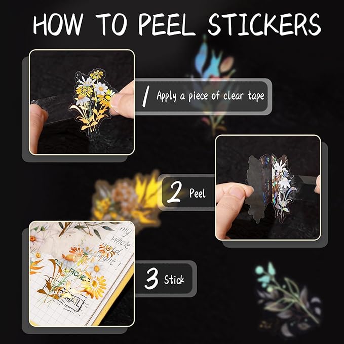 Dizdkizd Holographic Flower and Leaf Sticker Set, 240 Foil Gold Botanical Scrapbook Sticker Small Transparent Floral Decals for Journal, Planner, Photo Album, Card