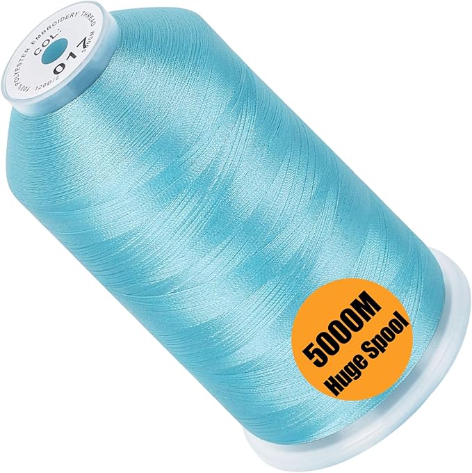 New brothread - Single Huge Spool 5000M Each Polyester Embroidery Machine Thread 40WT for Commercial and Domestic Machines - Light Blue