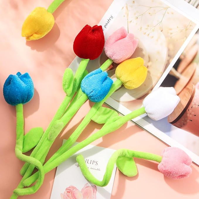10 Pcs Plush Tulips Flower Stuffed Bendable Stems Plush Bouquet Toy Soft Rose Flower 12.6 Inch for Christmas 2025 Mother's Day Girl Girlfriend Wife(10 Pcs Colorful Tulip Series)