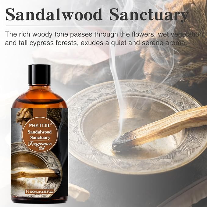 PHATOIL Sandalwood Sanctuary Fragrance Oils for Aromatherapy, 3.38FL.OZ Diffuser Oils for Home, Perfect for Aromatherapy, Humidifiers, Yoga, DIY Candle and Soap Making - 100ml