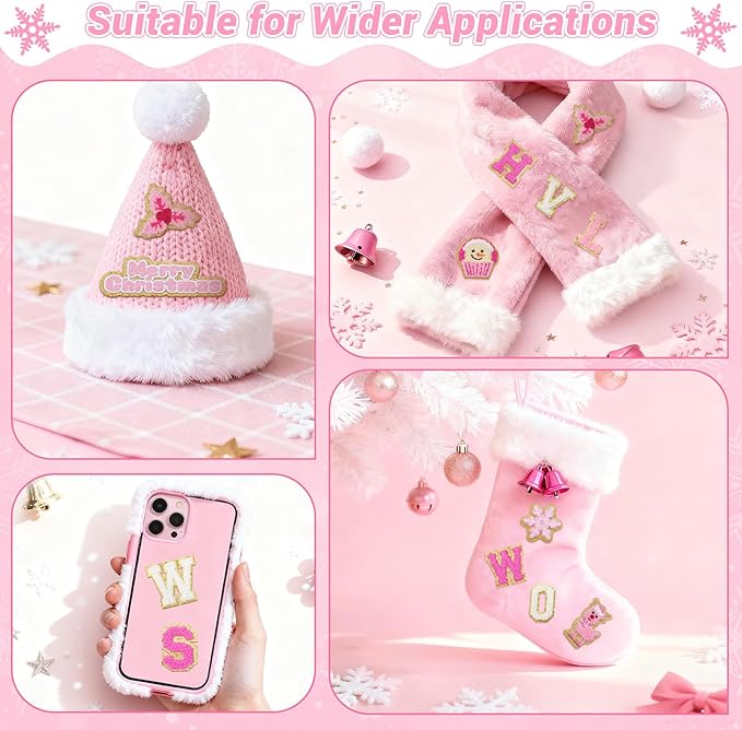 154 Pcs Pink Christmas Patches Chenille Christmas Letter Patches Self Adhesive Embroidered,Include 104 A-Z Letters Patch Stickers,50 Winter Snowflake Snowman Wreath Stick on Patch for Backpacks