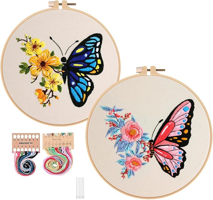 Konrisa Embroidery Starter Kits with Butterfly Flower Pattern, Stamped Cross Stitch Kits for Beginners Adults DIY Sewing Include Embroidery Hoop Embroidery Fabric Threads and Needles,Set of 2