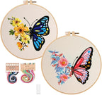 Konrisa Embroidery Starter Kits with Butterfly Flower Pattern, Stamped Cross Stitch Kits for Beginners Adults DIY Sewing Include Embroidery Hoop Embroidery Fabric Threads and Needles,Set of 2
