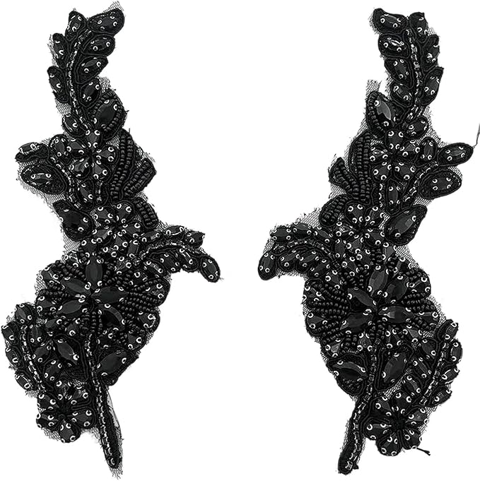 1 Pair Handmade Flower Rhinestone Applique for Clothes, Crystal Fabric Patches for Wedding Dress, Bling Beaded Embroidery Lace Applique for Hat Hairband Sewing Embellishment (Black)