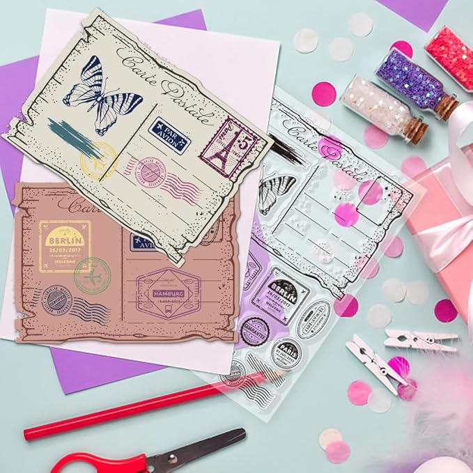 GLOBLELAND Vintage Decor Letters Postcards Clear Stamps for DIY Scrapbooking Retro Stamp Elements Silicone Stamp Seals Transparent Stamp for Cards Making Photo Album Journal Decoration 8.27×5.83inch