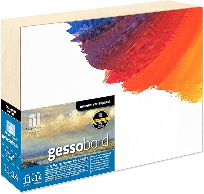 Ampersand Art Supply Gesso Wood Painting Panel: Museum Series Gessobord, 11" x 14", 2" Cradled Profile
