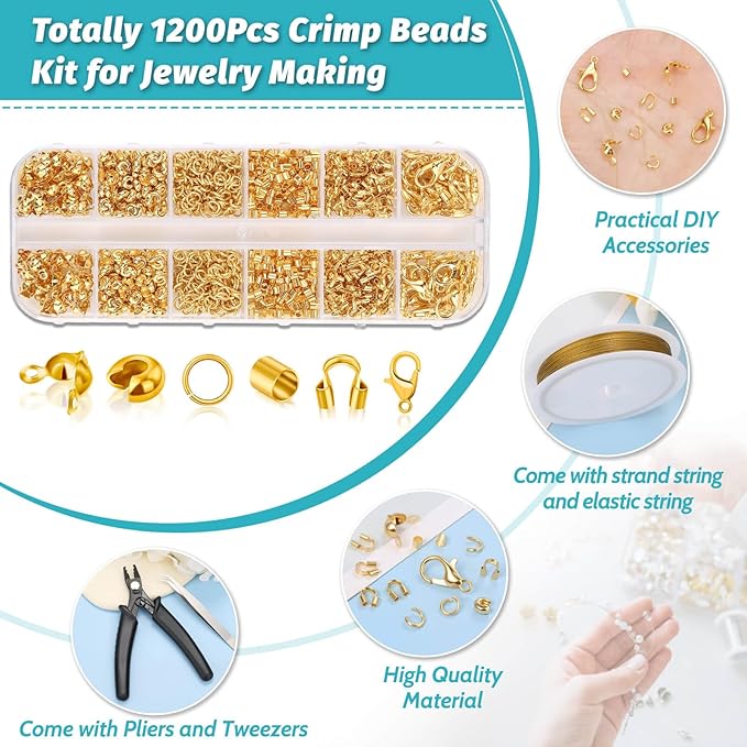 Acejoz 1200 Pcs Gold Crimp Beads Kit, Jewelry Making Supplies Include Crimp Covers, Crimp Tubes, Wire Guardians, Lobster Clasps, Jump Rings, Pliers and Beading Wire for Jewelry Making