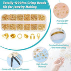 Acejoz 1200 Pcs Gold Crimp Beads Kit, Jewelry Making Supplies Include Crimp Covers, Crimp Tubes, Wire Guardians, Lobster Clasps, Jump Rings, Pliers and Beading Wire for Jewelry Making