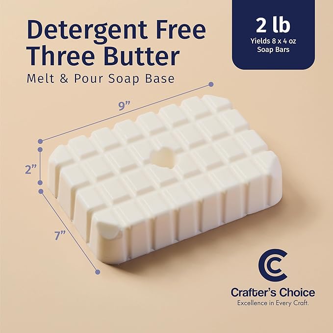 Crafter's Choice Detergent Free Melt and Pour Soap Base for Soap Making and DIY Crafting Projects, SLS/SLES Free, 2LB Block (Three Butter Plus)