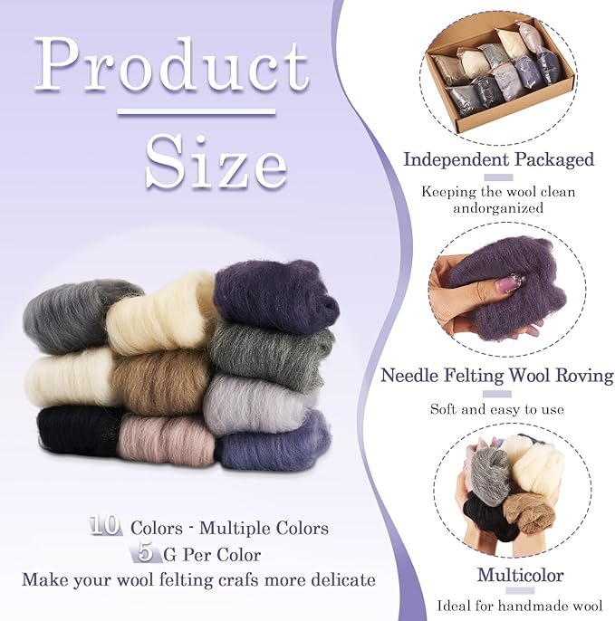 Boutigem 10 Colors 50G Black White Gray Needle Felting Wool Roving, DIY Craft Spinning Wool Roving for Needle Felting, Chunky Handmade Fibre Yarn for Beginners DIY Hand Spinning, Weaving and Blending
