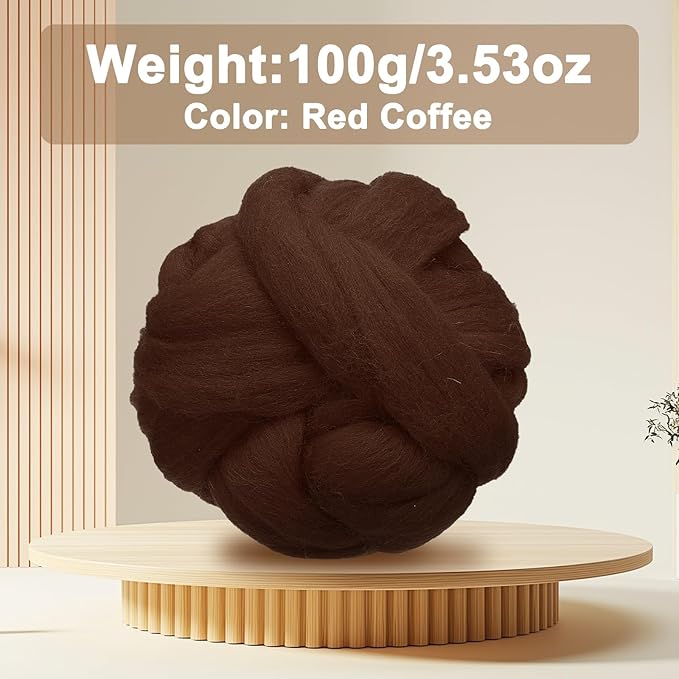 uxcell 3.53oz Wool Roving Yarn, Needle Felting Wool Fiber DIY Craft Needle Wet Felting Supplies for Blending Weaving Handcrafts, Red Coffee