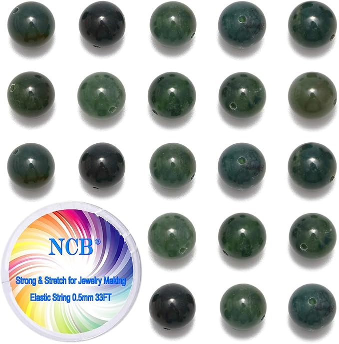 NCB 100PCS 8mm Natural Green Moss Agate Gemstone Round Loose Stone Spacer Beads for Jewelry Making with Crystal Stretch Cord (Green Moss Agate, 100Beads)