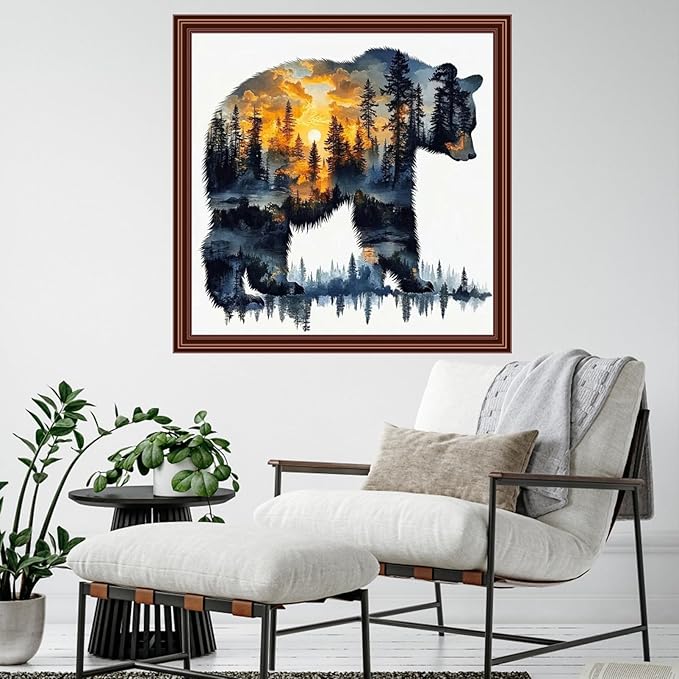 Dimensean Counted Cross Stitch Kit for Beginners, 11CT Unprinted Cross-Stitch Kit Easy Patterns Needlepoint Kit Cross Stitching Embroidery Kit Supplies-Abstract Bear Landscape 18x18 inch