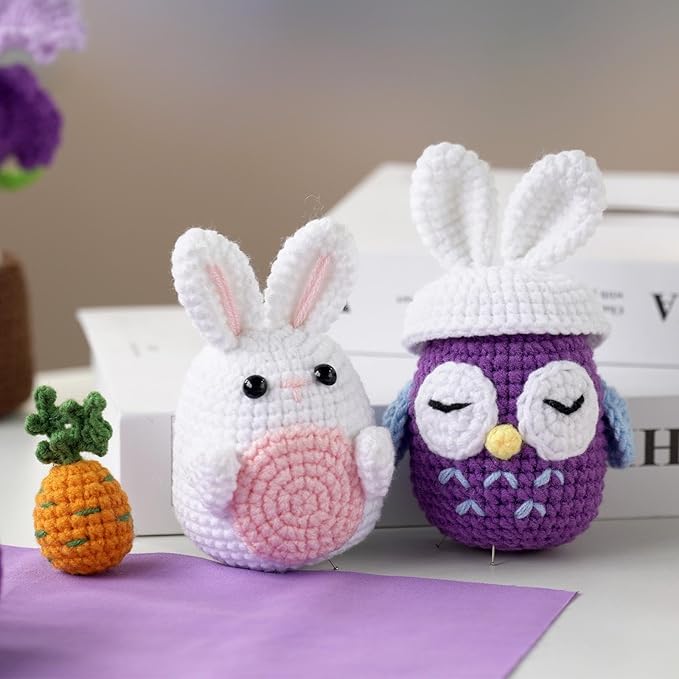 yhwsymgmho Crochet Kit for Beginners:2pcs Animals Crochet Starter Kits with Step-by-Step Video Tutorials,Easy Knitting Set for Adults Kids,DIY Crocheting Doll Gift(Thanksgiving Bunny and owl)