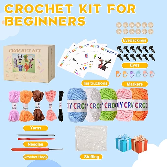 Alutaba 6Pcs Crochet Kit for Beginners, Crochet Animal Kits for Adults with Step by Step Videos Tutorials, Knitting Kit for Crochet Lovers Great Birthday Holiday Gift, DIY Keychain Pendants