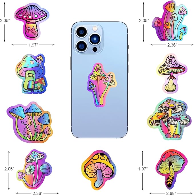 100 Pack Holographic Mushroom Stickers for Laptop Water Bottles Scrapbook, Mushroom Party Favors