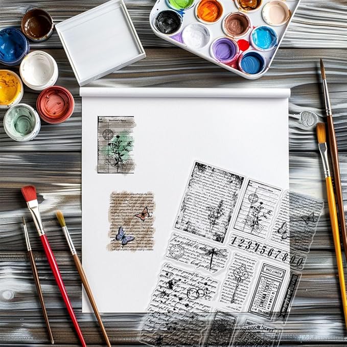 GLOBLELAND Vintage Text Background Clear Stamps for Cards Making Retro Flowers Butterfly Clear Stamp Seals 5.83x8.27inch Transparent Stamps for DIY Scrapbooking Photo Album Journal Home Decoration