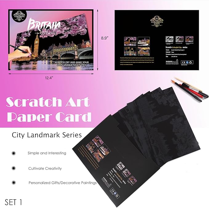 Scratch Art Kit for Adults -A4, Colorful City Scratch Painting Series - Portable Stress Relief Craft, Travel-Friendly Creative Gift for Artists with Tools(Set 3)