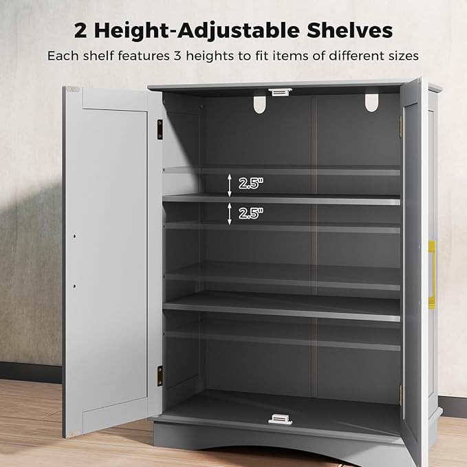 Tangkula Bathroom Floor Storage Cabinet, 31.5" H Freestanding Pantry Cabinet with 2 Doors and Adjustable Shelves, Kitchen Cupboard for Living Room, Dining Room, Bathroom (Gray, 31.5" H)